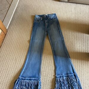 Flare Blue Jeans with Dramatic Fringe high waisted,medium wash .EUC!